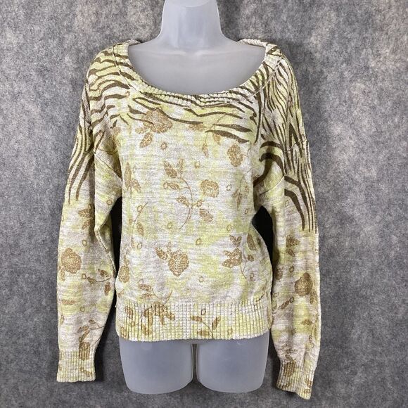 Pilcro Anthropologie Yellow Floral Print Size Small Ribbed Cuff Pullover Sweater - Picture 4 of 14
